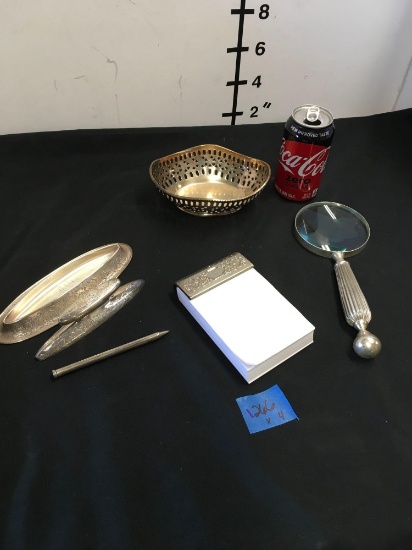 Vintage sterling silver pen case & pen, bowl, notepad & magnifying glass