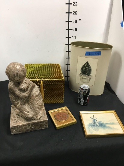 Lot of assorted items. Box, trash can, 2 pictures and statue
