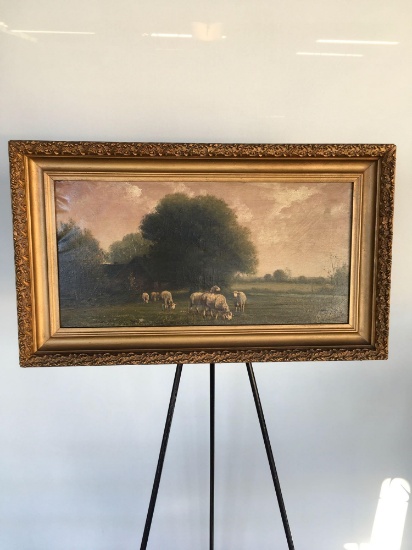 Oil painting on canvas, sheep grazing, by Durant