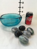 Blue glass bowl and marble Alabaster paper weights