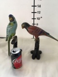 Metal Bird sculptures on wood stands. Birds detach from stand