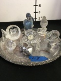 9 pieces Assorted collectible glass pieces. Includes tray. Waterford Crystal mini clock, Crystal