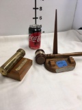 Wood gavel and Brass telescope with wood stand. Both have engraved placard.