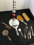 Vintage silver vanity dresser set and assorted nail/ manicure items