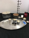 Lot of assorted silver/ glass/ metal items. Includes Cromargan tray