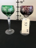 Crystal Wine glasses, 6 Green, 3 Purple