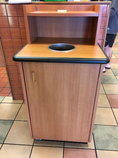 Trash receptacle, tray shelf, with rolling trash liner