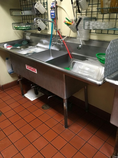 Duke S/S 3 tub sink, 9 in back splash, faucet, splash guard. Items on / in sink NOT included