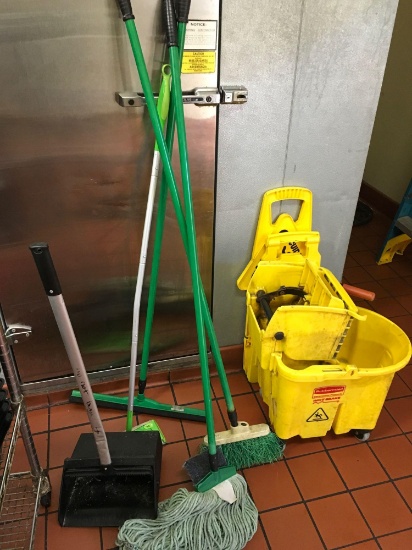Mop bucket, Brooms, and assorted cleaning equip.