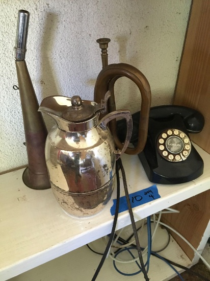 Vintage Gotham phone, tea kettle, trumpets