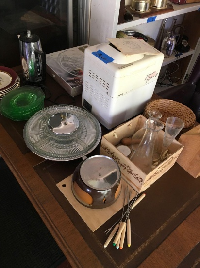 Lot. Decorative serving plate, Mikasa bowl, server, fondue bowl, baskets, etc
