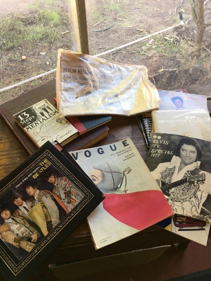 Assorted books, 1974 Los Angeles Times news papers, Elvis magazines, etc