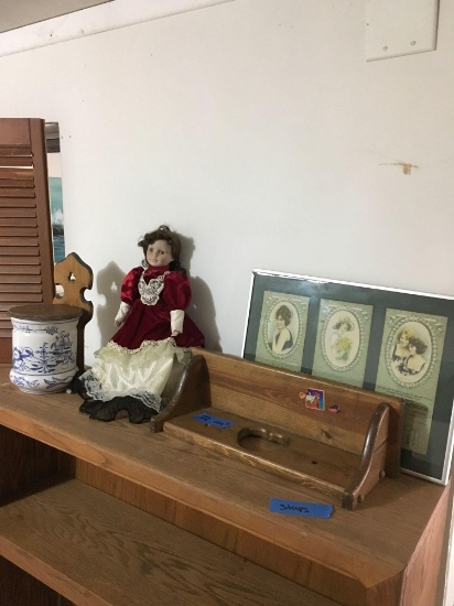 Vintage items. Canister, doll, frame and shelf (area 2)