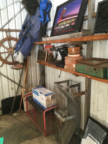 Contents of the Shelf, Seating bench, Box end Wrenchs, Animal Trap, Dog crate,etc
