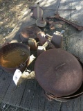 Mixed lot, Cast Iron Dutch pans, Cow bells, Ornate metal items etc. (Gazebo area)
