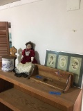 Vintage items. Canister, doll, frame and shelf (area 2)