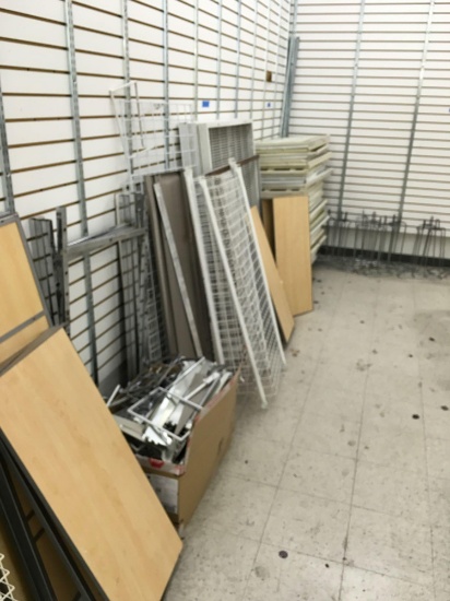 Large lot shelving brackets, and shelves for gondola shelving, etc. Hundreds of pieces see pics