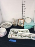 Botanical garden large bowl, pitcher & seving dish. Trivet, 10) saucers & 2) Susan William serving