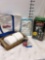 Lot of assorted items. Costco bag, coin bank, towels, dish, mattress cover