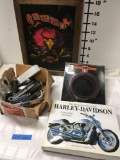 Harley Davidson Encyclopedia and framed art & motorcycle parts