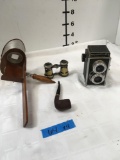 Richoflex holiday camera, Chevalier binoculars, pipe and American Stereoscope