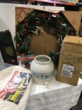 Assorted items. Christmas Wreath & Angel, Water Dispenser, Signal light, Car care kit, Wheel Covers