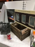Vintage Wooden 7up Crate, Elephant planter, Mirror, & Picture frames