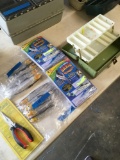 Lot. Assorted Minnows, pliers, tackle box