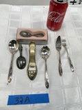 Assorted vintage collectible spoons, can bottle opener, etc