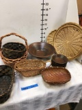 Assorted baskets, wood serving bowl plates