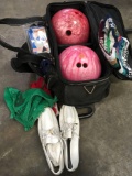 Pink bowling balls, Dexter 11m shoes, elbow support, bag