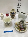 Gorham, Foreign, Toyo, Ming Garden vases and Lefton bowl and pitcher. 6 pieces