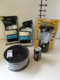 New 1/4 in x 100 ft rope, Everbilt #10 x 100 ft jack chain, Lomax lantern. 4 pieces