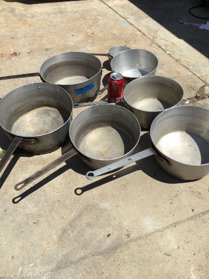 Sauce pans, aluminum, various sizes. 10 qt, 8 qt, etc