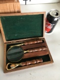 New nautical. Set of magnifying, bottle and letter opener, with wood box