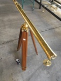 New nautical, floor standing, brass finish body with wooden tripod telescope