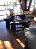 Triangle bar height table with lazy Susan glass center. With benches