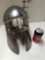 Metal warrior Spartan helmet with brass finish accents. Fits most