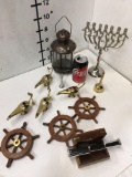 New nautical assorted items. Menorah, incense lamps, lantern, ship wheels, telescope, bell