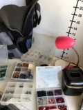 Lot. Assorted items. Bathroom dispensers, lamp, boxes with assorted charms, etc