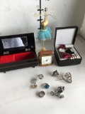 Lot. Watch, clock, jewelry box, pin, rings, etc