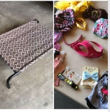 Elevated dog bed, assorted xs/s size clothes, harness, medium size Belle costume, bows, etc.