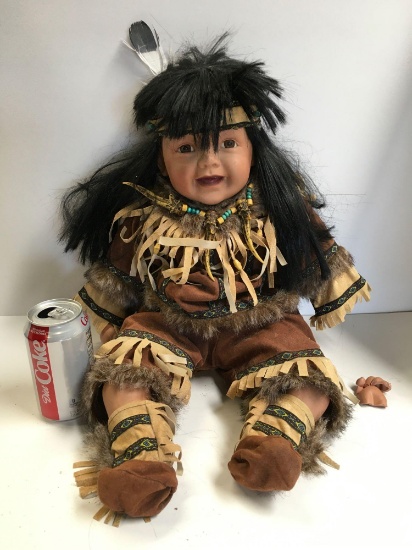 Native American Indian doll porcelain head, feet and arms, one hand is broken and face is cracked