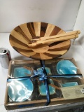 Wood salad mixer bowl and Aqua 12 piece Asian dinner set