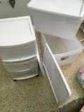 Lot. 3) Sterkite 66 qt storage containers, one side edge broken, 1)  three drawer rolling cab