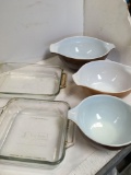 2) Anchor glass pans 3) Pyrex bowls