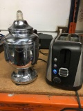 Farberware chrome electric percolater coffee tea pot and Hamilton toaster. Both turned on