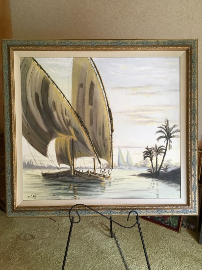 K. J. Hall 79 signature, oil on canvas framed art, approximately 42" x 46"