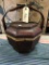 Vintage oriental wood storage basket with metal handle, approximately 14” x 11”