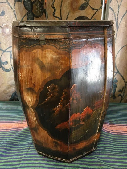 Hand painted wood barrel with lid and metal accents approximately 17" x 11"